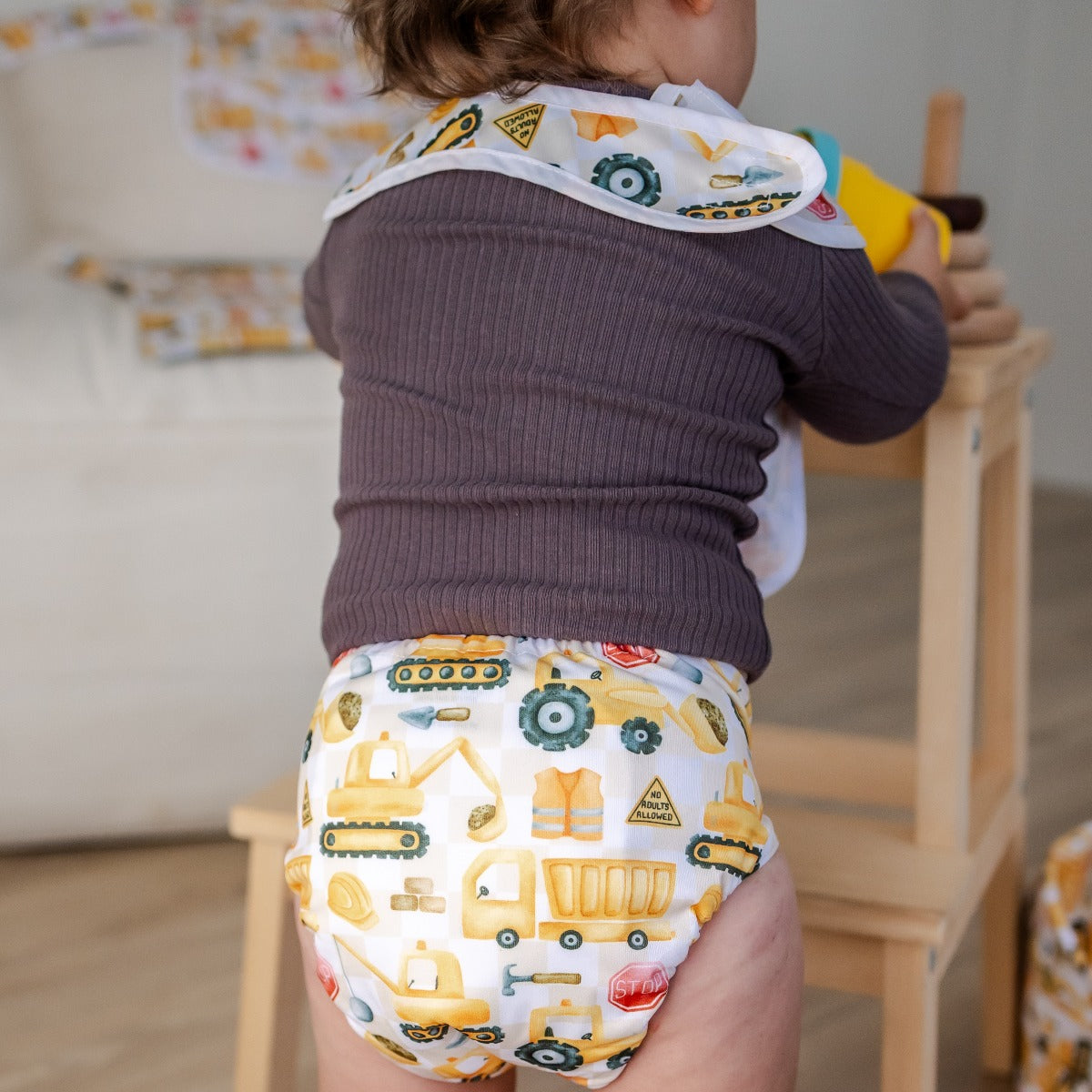 Bear & Moo Classic Bib | Waterproof Reusable Bib | Stop for Construction print