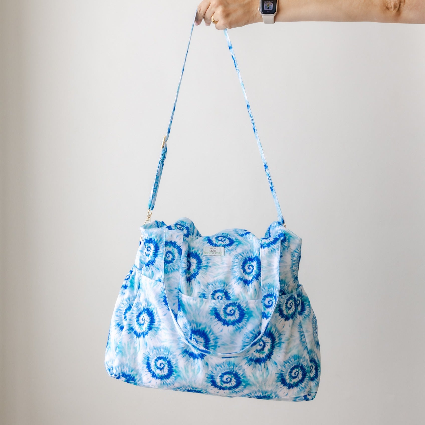 Bear & Moo Day Bag | Nappy Bag in Tie Dye Blues print