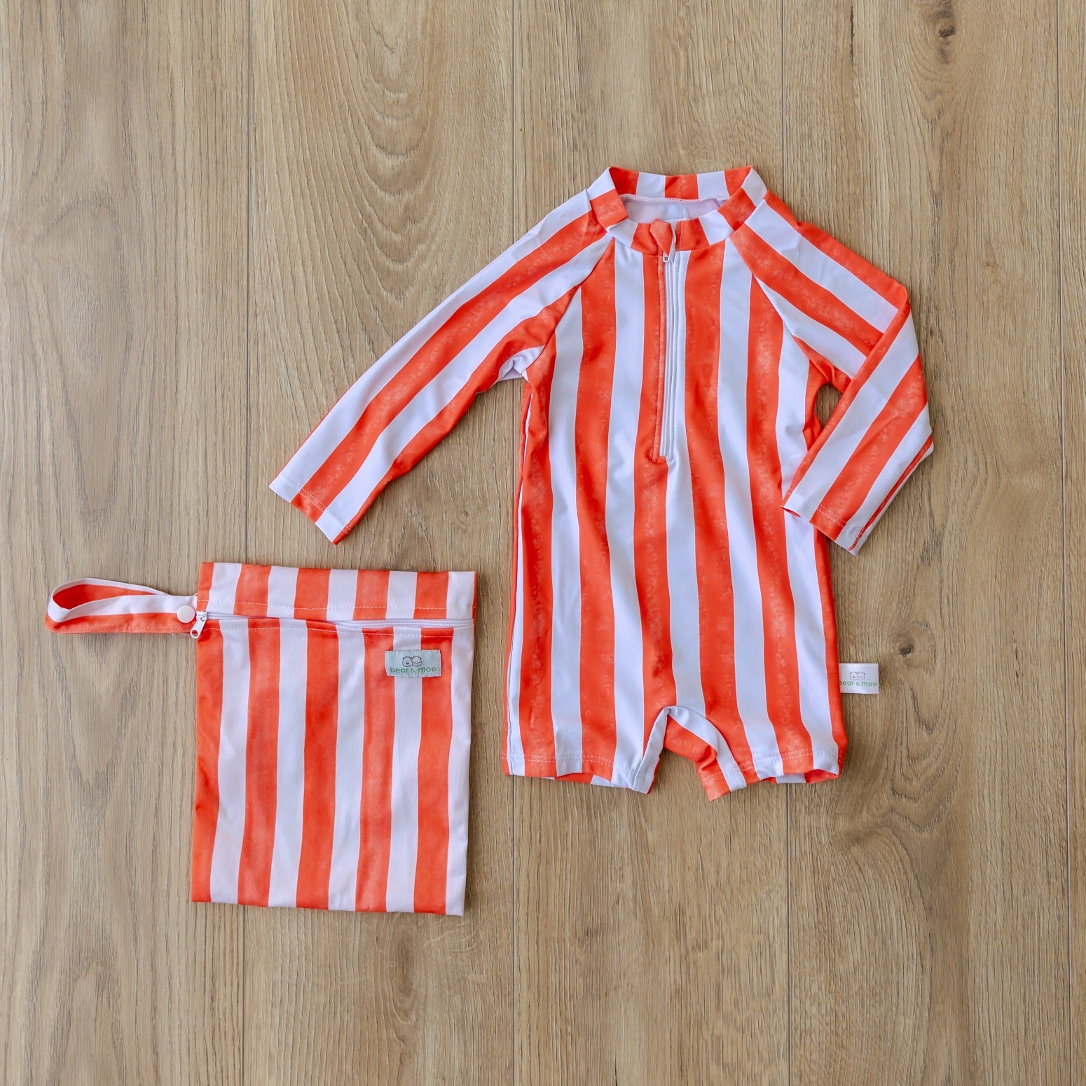 Bear & Moo Emerson Swimsuit | Kids Togs | Coral Stripe + Medium Wet Bag