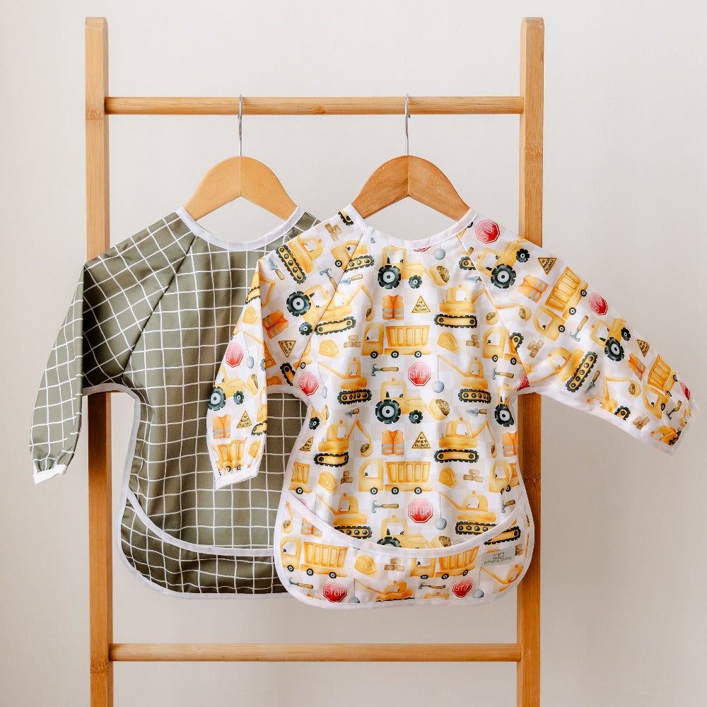 Bear & Moo Sleeved Bib | Waterproof Reusable Bib | Khaki Gingham print