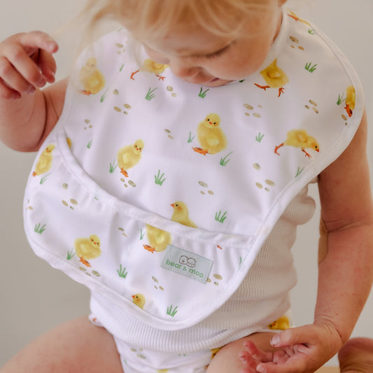 Bear & Moo Classic Bib in Little Chicks print