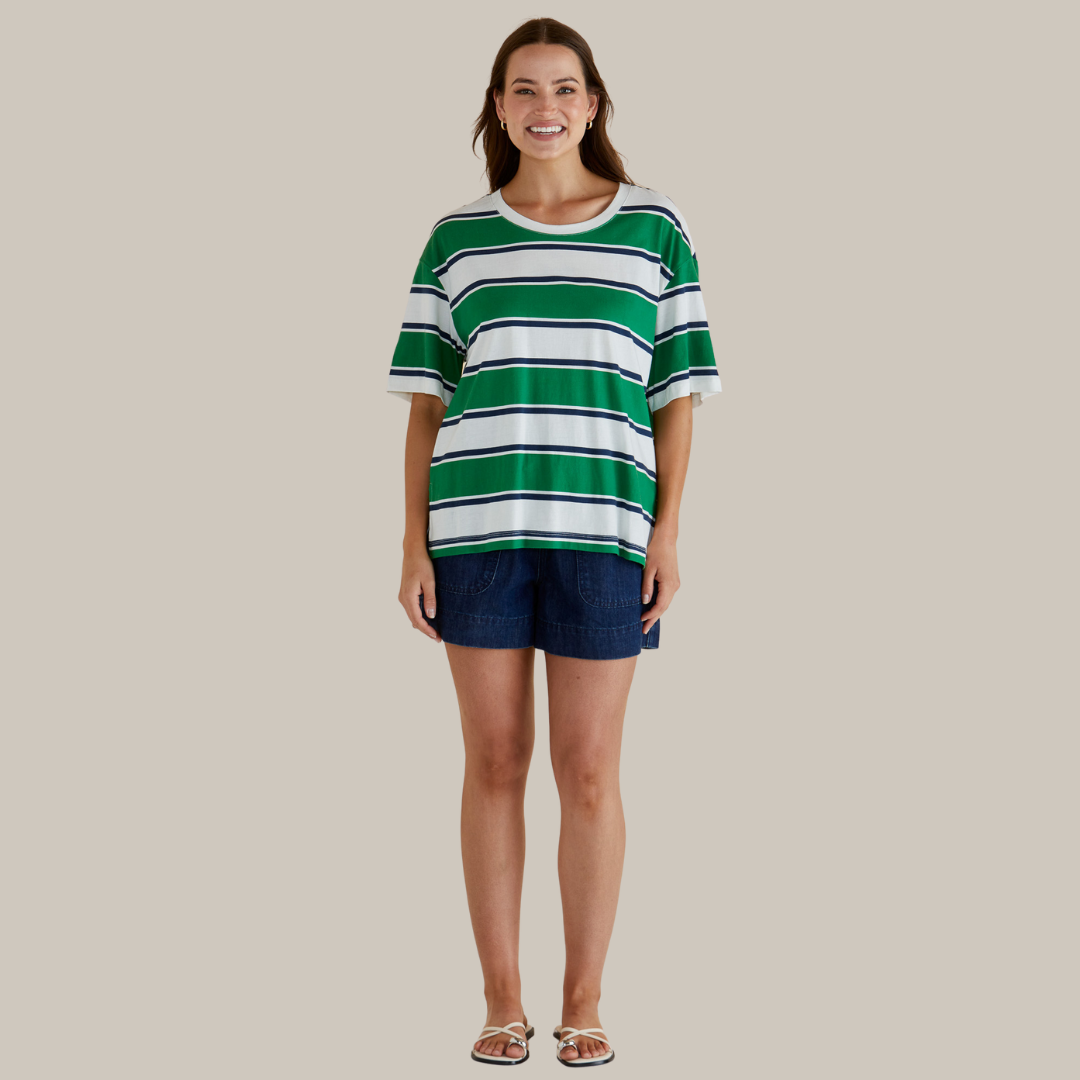 Betty Basics Relax Boxy Tee | Navy/Green Stripe available at Bear & Moo
