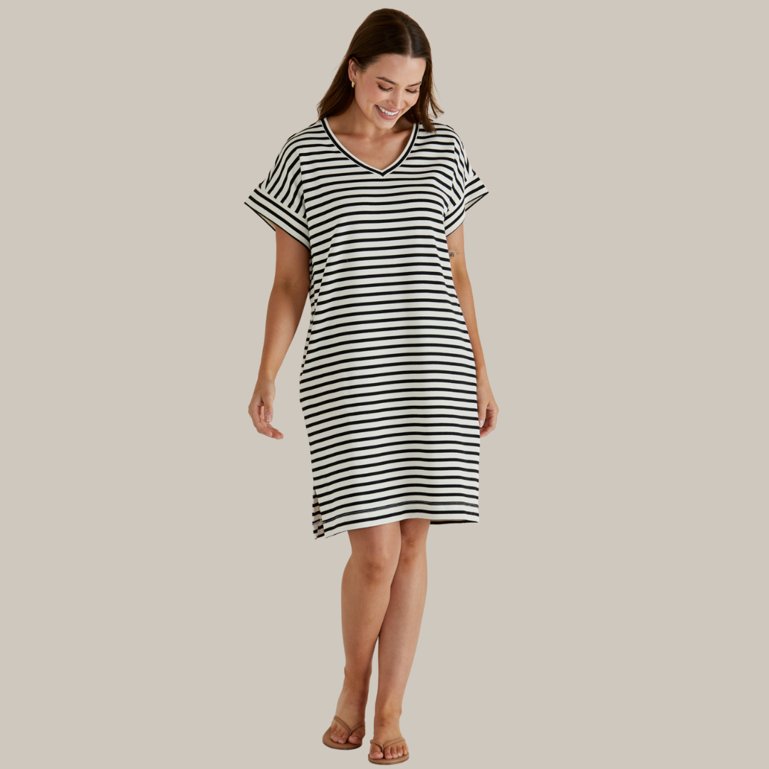 Betty Basics Elise V-Neck Rib Dress | White/Black Stripe available at Bear & Moo