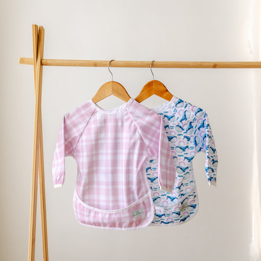 Bear & Moo Sleeved Bib | Blush Gingham