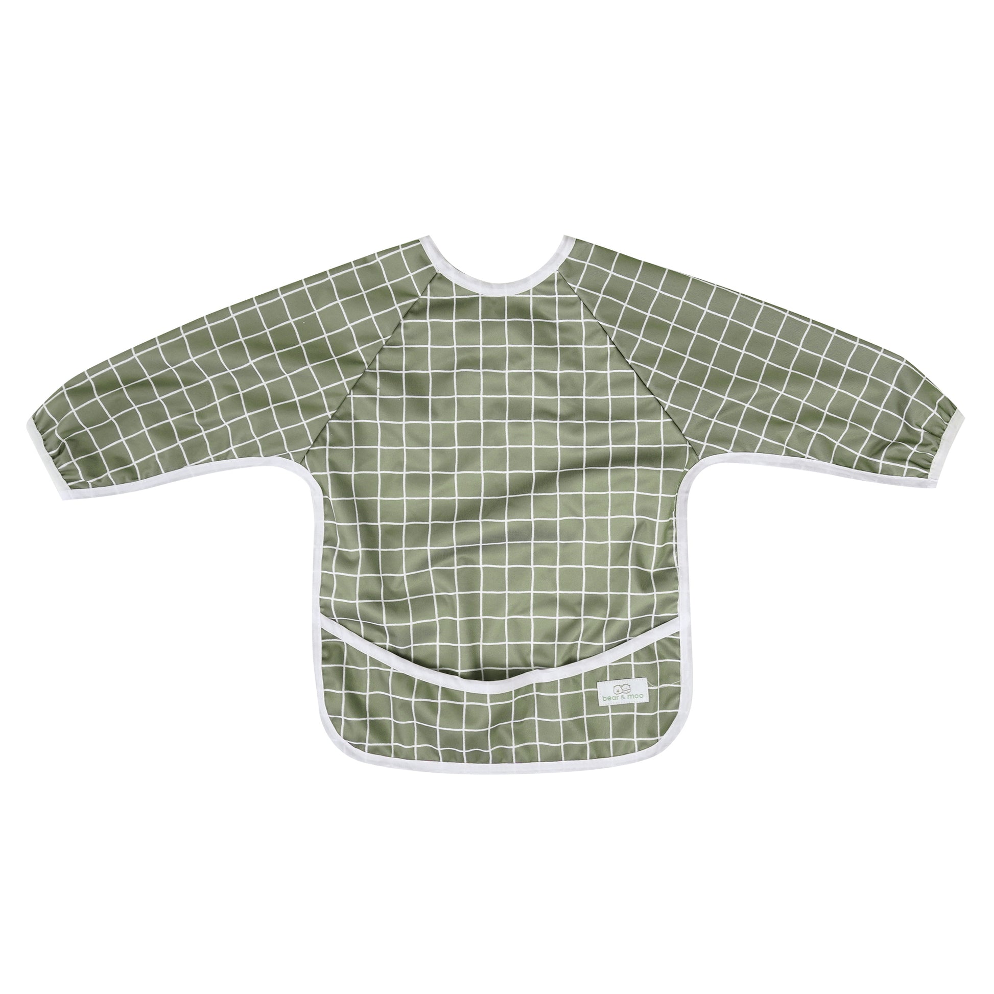 Bear & Moo Sleeved Bib | Waterproof Reusable Bib | Khaki Gingham print