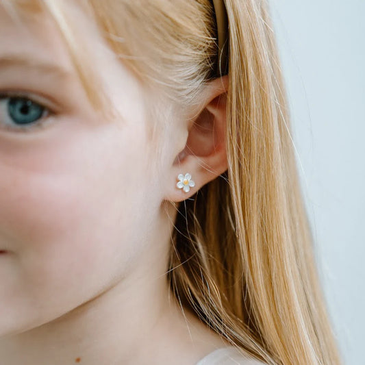 White Daisy Enamel Studs | Silver