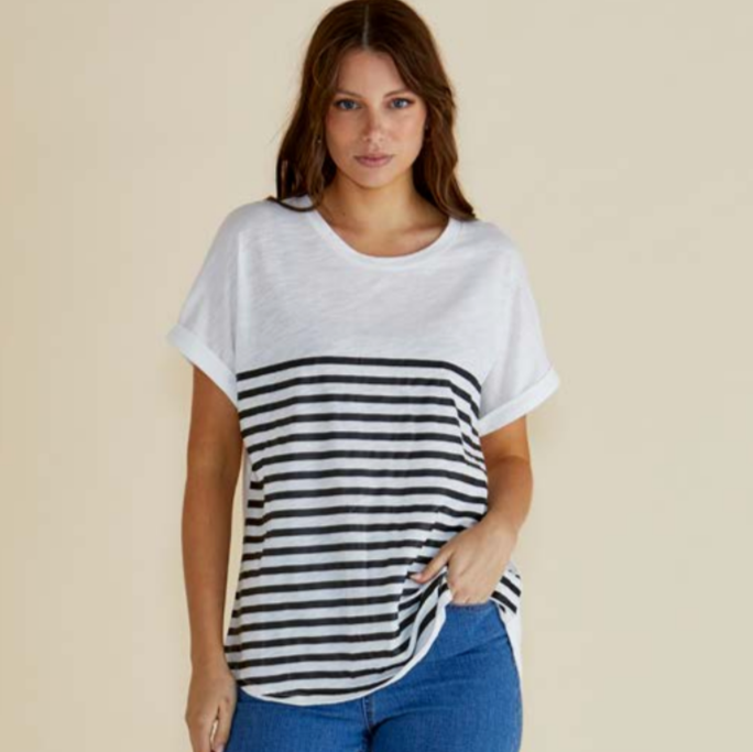 Hailey Short Sleeve Tee | White/Black Stripe available at Bear & Moo