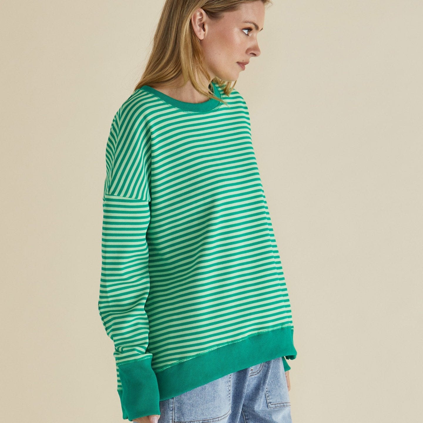 Betty Basics Cove Sweat in Green Stripe available at Bear & Moo