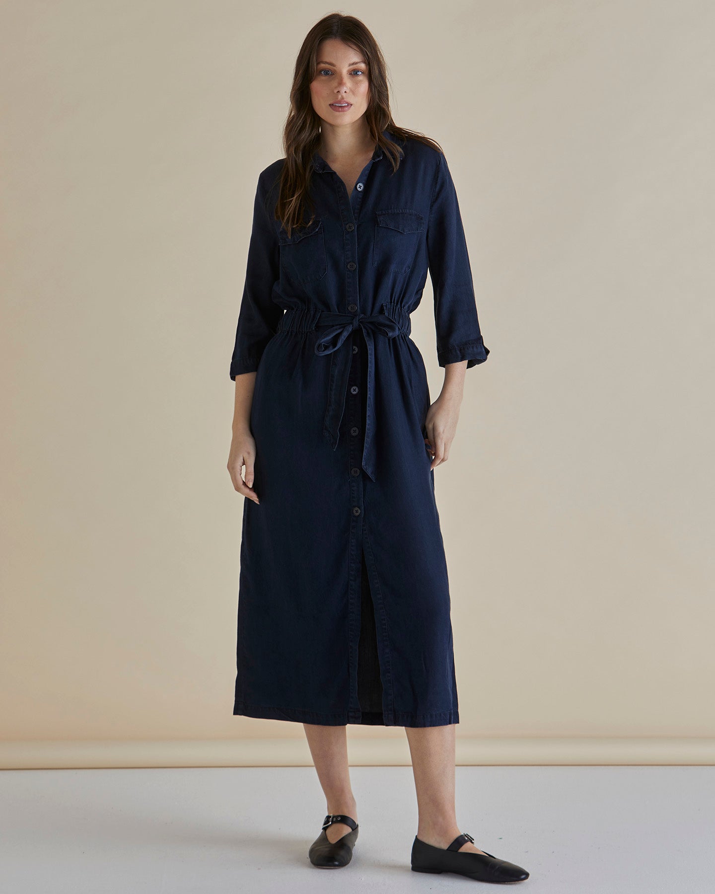 Betty Basics Betty Lyocell Shirt Dress | Dark Vintage Blue available at Bear & Moo