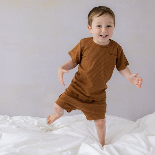 Alex Shorts Set | Kids Ribbed Cotton Short Set in Walnut | available at Bear & Moo